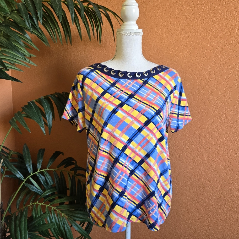 3/$25 Rafaella Cotton Plaid Tee Shirt XL Grommet Short Sleeve Blue Yellow Coral